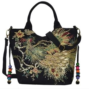 NEW Canavas Bohemian Shoulder Handbag Tote Travel Bag, Peacock Embroidery